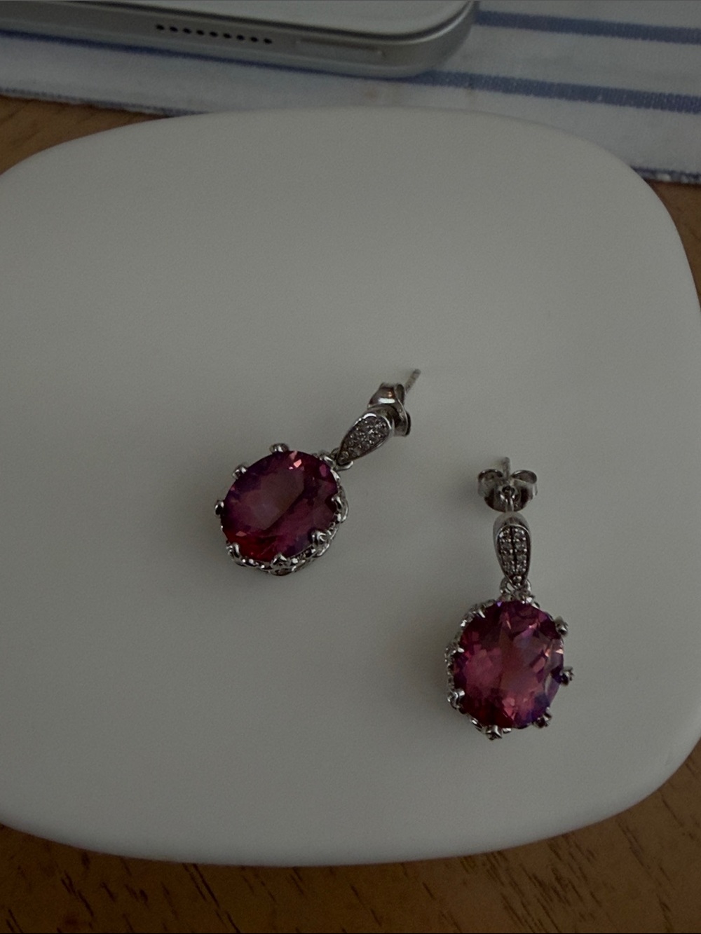 Sterling Silver Pink Oval Drop Earrings with Crystal Accents